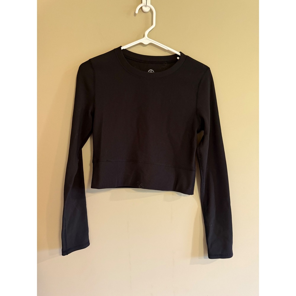 Move Theology‎ Womens Black Ribbed Long Sleeve Crop Top Activewear Gym Shirt M